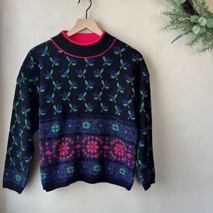 Vintage 80s Quadro Black Floral Geometric Pattern Mock Neck Sweater